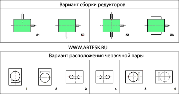 Вариант сборки редукторов и расположения червячной пары