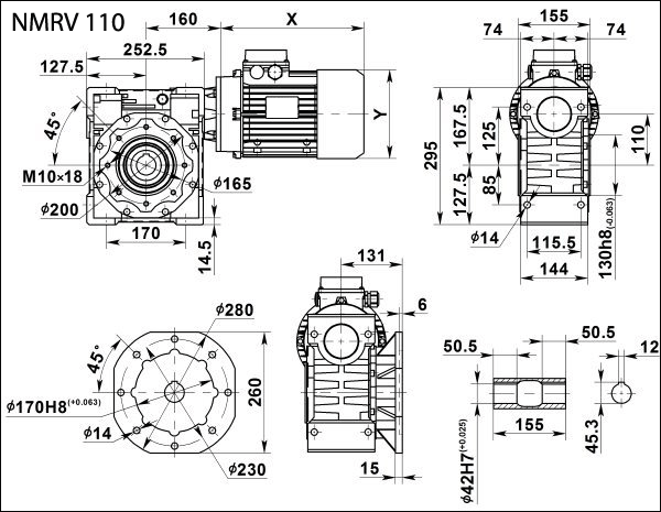 Габаритные и присоединительные размеры NMRV 110