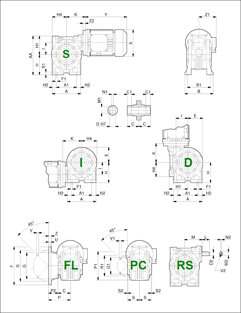 Габаритные и присоединительные размеры SRS 28, SRS 40, SRS 50, SRS 60, SRS 70, SRS 85, SRS 110, SRS 130, SRS 150